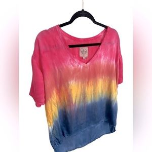 CHASER Rainbow Tie Dye V Neck Shirt Sz XS